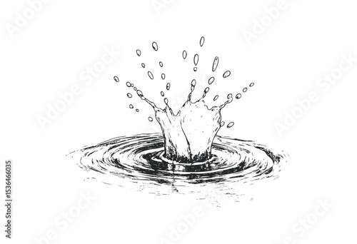 Hand-drawn water splash creating ripples in minimalist style. Vector retro hand drawn illustration