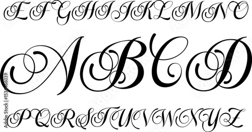 A full set of ornate uppercase calligraphy letters in an elegant cursive style. Perfect for wedding invitations, luxury branding, certificates, monograms, and decorative typographic projects.
