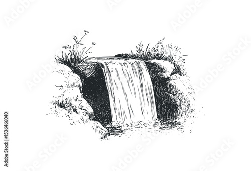 Elegant sketch of a serene waterfall with lush surroundings. Vector retro hand drawn illustration