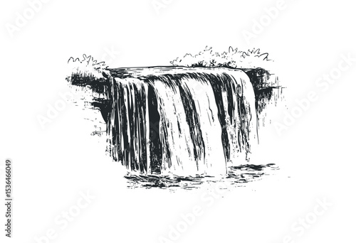 Detailed sketch of a natural waterfall with cascading water and foliage. Vector retro hand drawn illustration
