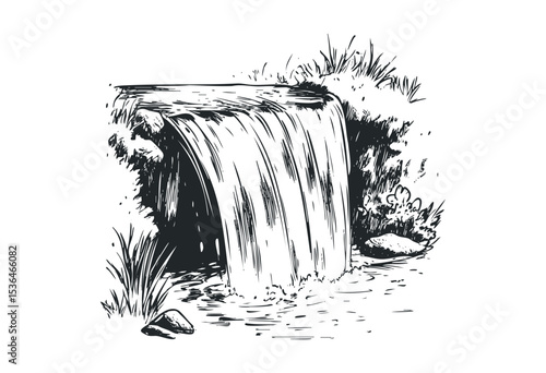 Detailed sketch of natural waterfall with rocks and vegetation. Vector retro hand drawn illustration