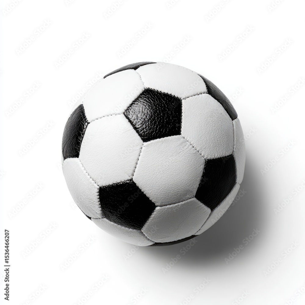 Obraz premium Classic black and white soccer ball, overhead view, slight shadow on white background