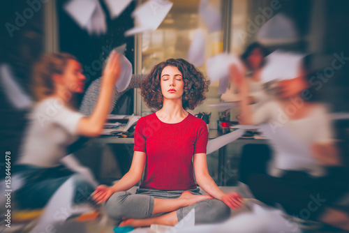 Young woman meditating in busy office with flying papers, practicing calm amid chaos – stress management and mindfulness concept