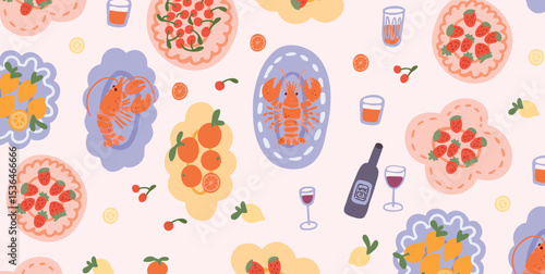 Seamless pattern with Lobster on serving plates, Strawberry and Cherry Tart, Lemon and Orange Fruits, Red Wine Glass and Bottle. Summer brunch vector background.