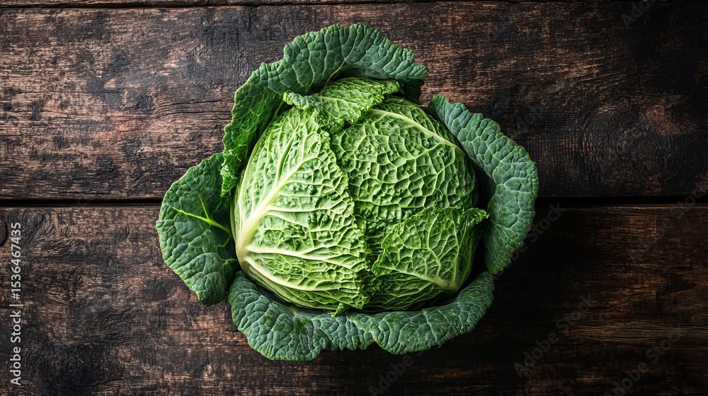 Fototapeta premium Fresh Green Savoy Cabbage on Rustic Wooden Background Healthy Food Ingredient