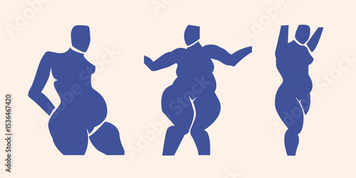Woman pregnant abstract figures silhouette, hand drawn cut out lady expecting child  different poses. Flat collage mid-century future mother and baby in belly. Motherhood applique female shape poster.