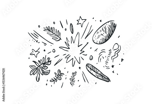 Abstract hand-drawn doodle explosion with various shapes and elements. Vector retro hand drawn illustration