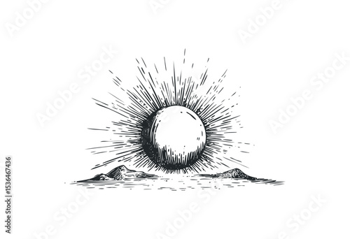 Illustrated sun rising over mountains with radiant sunbeams. Vector retro hand drawn illustration