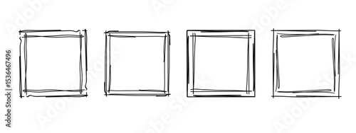 Square doodle frames set, hand-drawn wavy curly monograms. Edgings and stamp cadres with simple sketchy scribble swirl design elements. Isolated. Vector illustration.