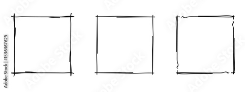 Square doodle frames set, hand-drawn wavy curly monograms. Edgings and stamp cadres with simple sketchy scribble swirl design elements. Isolated. Vector illustration.