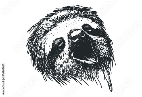 Detailed sketch of a yawning sloth head showcasing expressive features. Vector retro hand drawn illustration