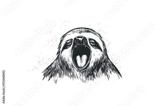 Sketch of a yawning sloth with detailed fur and open mouth. Vector retro hand drawn illustration