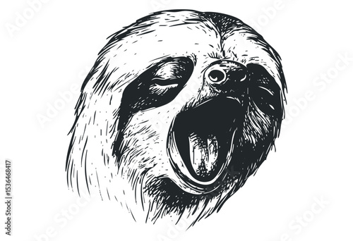 Illustration of a yawning sloth with detailed fur and facial features. Vector retro hand drawn illustration