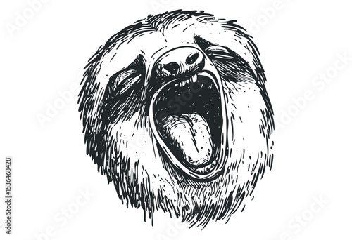 Detailed sketch of a yawning sloth with open mouth and visible tongue. Vector retro hand drawn illustration
