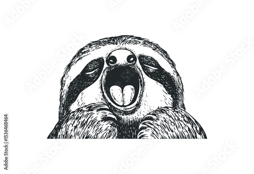 Yawning sloth illustration with open mouth and tongue out. Vector retro hand drawn illustration