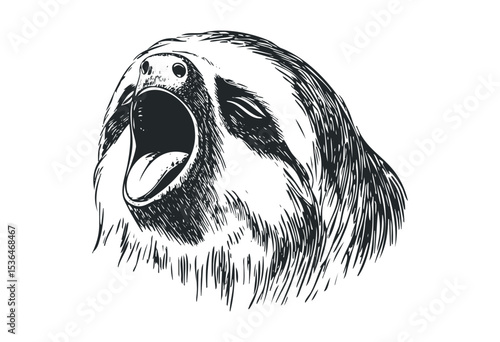 Illustration of a yawning sloth in black and white digital art. Vector retro hand drawn illustration