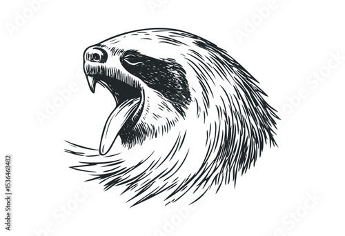 Detailed sketch of a yawning sloth head in profile view. Vector retro hand drawn illustration