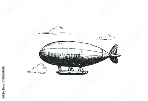 Vintage hand-drawn airship blimp with clouds in sketch style. Vector retro hand drawn illustration