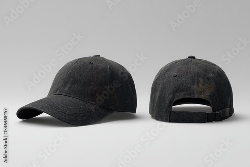 Two views of a dark-colored, structured cotton baseball cap with a slightly worn appearance; one shows the front and side, the other the back