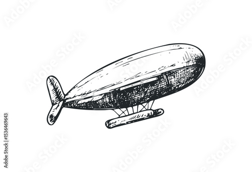 Vintage airship drawing with detailed sketch style. Vector retro hand drawn illustration