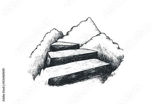 Hand-drawn staircase leading into mountainous terrain. Vector retro hand drawn illustration