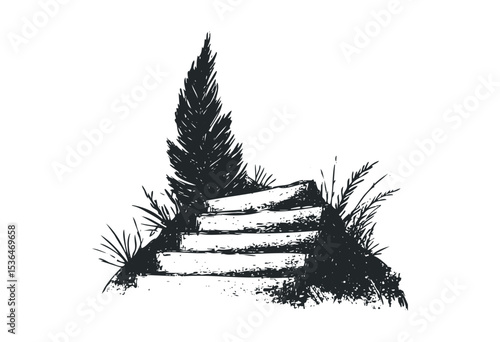 Outdoor stone staircase with bushes and grass silhouette. Vector retro hand drawn illustration
