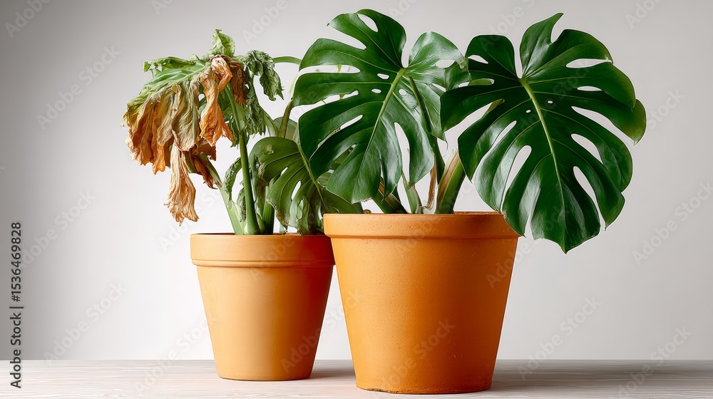 Fototapeta premium Two potted plants, one of which is wilted, sit on a table