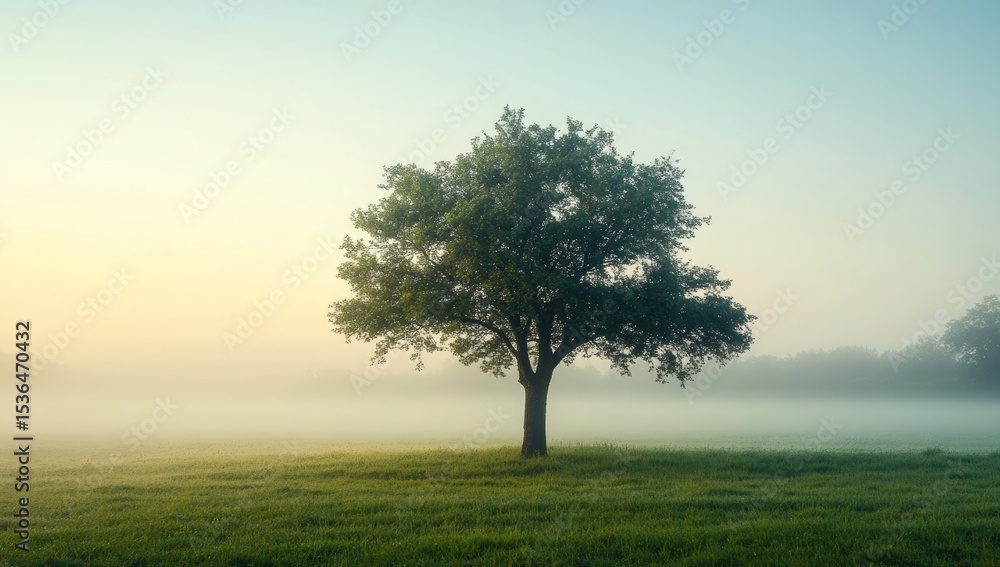 Obraz premium Solitary tree in a misty field at dawn