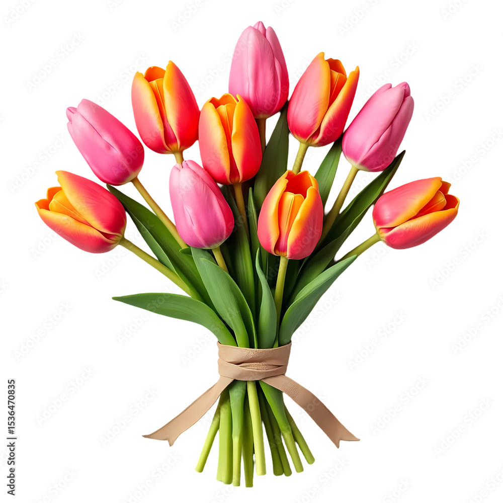 Obraz premium A bouquet of pink and orange tulips tied with a burlap ribbon isolated on transparent background