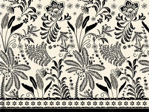 Intricate black and white botanical border pattern featuring detailed flowers, ferns, and foliage on a light backdrop. Ideal for classic and sophisticated design accents
