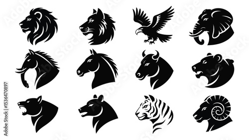 collection of 9 black and white animal head silhouettes including lion, wolf, eagle, elephant, horse, bull, bear, panther, zebra, and ram