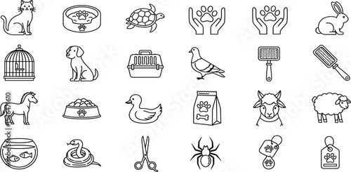 Pets Vector Icon Set Adjustable Line Weight Cat, dog, rabbit, turtle, bird, grooming, pet food, animal care, cage, fish tank, pet accessories, pet adoption icons.