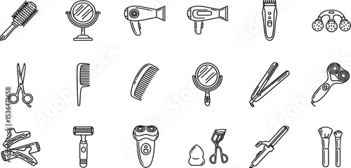 Beauty & Grooming Icon Set Hair Care, Makeup Tools, Razors, Mirrors, Combs, Flat Irons & More Vector Collection for Design & Branding.