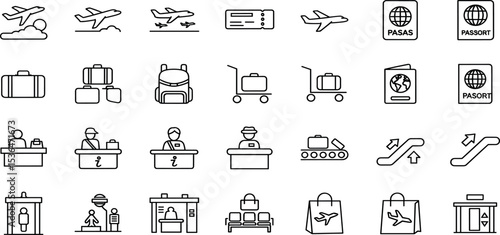 Airport Travel Icons Vector Set of Flight, Luggage, Security, and Boarding Symbols for Travel, Airline Apps, and Website Design