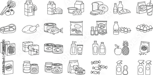  Groceries Icon Set Fresh Produce, Dairy, Snacks, Meats, Condiments, Beverages, Baby Food, Household Items – Vector Icons for E-commerce, Food Delivery & Grocery Apps