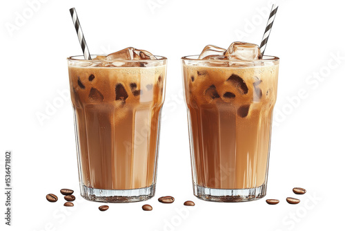 Two glasses of iced coffee with straws promising refreshing escape on a hot summer day against black isolated on transparent background. Generative Ai.