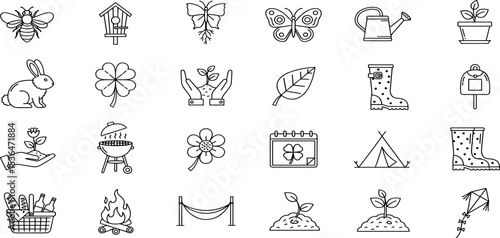 Spring Season Vector Icon Set Adjustable Line Weight Flower, plant, gardening, nature, picnic, bee, butterfly, bunny, leaf, clover, growth, camp, bloom icons