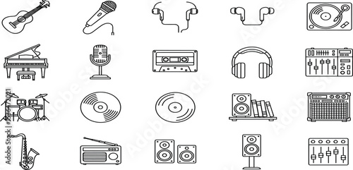 Music and Audio Icon Set - Vector Symbols of Instruments, Headphones, Speakers, and Sound Equipment for Digital and Graphic Design