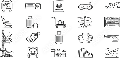 Air Travel Vector Icon Set Adjustable Line Weight Plane window, boarding pass, seats, luggage, seatbelts, helicopter, jet, backpack, airport icons.