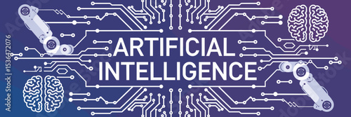 Artificial intelligence design with brain circuits and robotic arms on blue-purple gradient – Perfect for AI research, tech innovation, or robotics branding