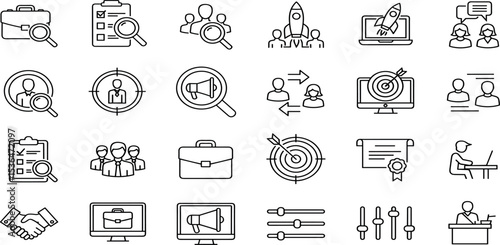 Recruitment Vector Icon Set Adjustable Line Weight HR, hiring, resume, candidate, interview, career, job, employee, talent, team, selection, search icons.