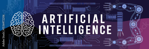 Bold artificial intelligence text with brain circuits, robotic arms, and data streams – Great for AI technology, automation, or advanced robotics themes