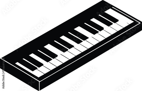 Black and White Isometric Musical Keyboard Silhouette Illustration with Sharp and Clean Lines