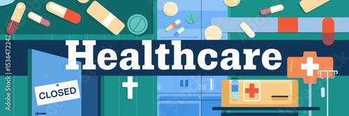 healthcare illustration with pills bandages cross symbols and closed door – suitable for healthcare access discussions, medical restrictions, or public health awareness
