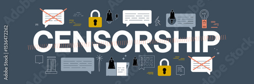 digital illustration of censorship text with locked icons and redacted speech bubbles – suitable for freedom of speech discussions, social media policies, or digital rights content