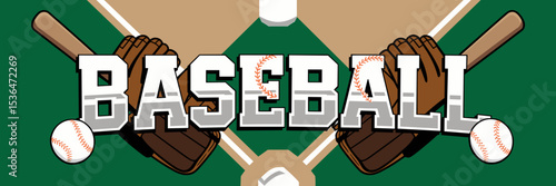 Wallpaper Mural Baseball text illustration with bats, balls, gloves, and diamond field on green grass – Ideal for sports marketing, youth leagues, or outdoor events Torontodigital.ca