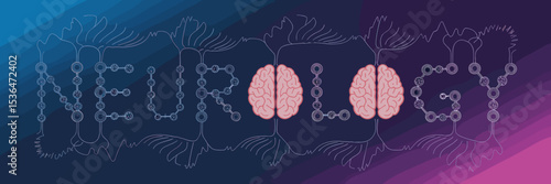 Stylized neurology text with brain icons, neural networks, and electric pulses on blue purple gradient – Ideal for futuristic medical designs, neuroscience branding, or tech presentations