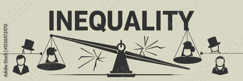 Text inequality with two tilted scales holding heavy and light bags, broken lines, and divided social class icons – Suitable for social justice, economics, and inequality awareness
