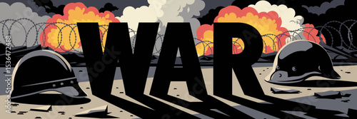 stylized war illustration with shadows of helmets barbed wire and smoke explosions on dark background – great for war memorials, historical content, or peace advocacy