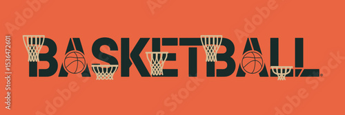 Bold basketball typography with hoops, balls, and court lines – Ideal for sports branding and basketball promotions